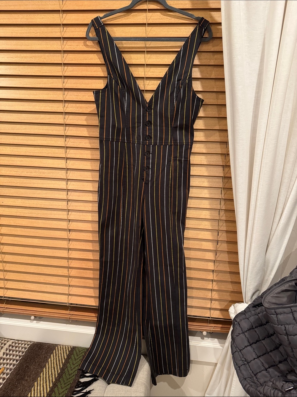 Free People Black Pinstripe V-Neck Wide-Leg Jumpsuit